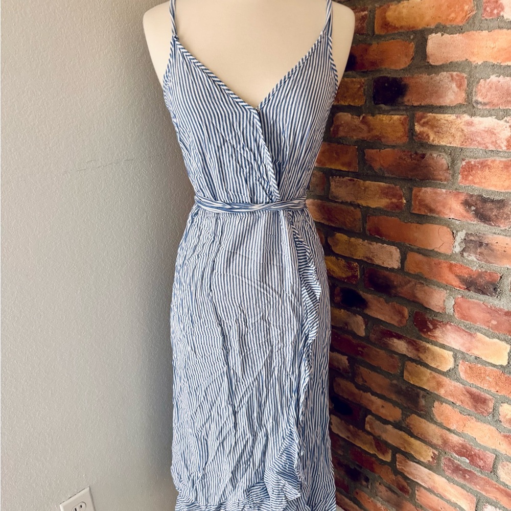 Blue and White Striped Ruffle Dress